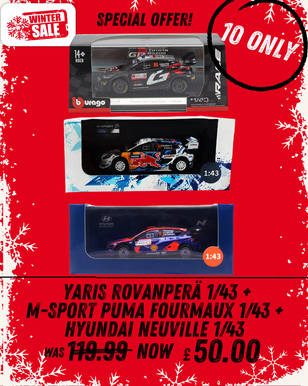 3 Model Car set- 1/43- Yaris Rovanperä, M-Sport Fourmaux, Hyundai Neuville